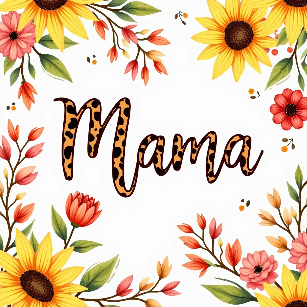 Printed with Leopard print on lettering the word Mama in a decorative font, surrounded by a variety of colorful flowers and sunflowers. colorful flowers and sunflowers background. Watercolor style. seamless design