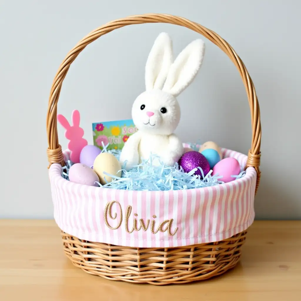 A wicker Easter basket with a curved handle sits on a wooden surface. The basket is lined with a pink and white striped fabric that has the name 'Olivia' elegantly embroidered in cursive. Inside the basket, there is a bed of light - blue shredded paper grass. A white, plush bunny toy with long ears sits upright among the contents. Surrounding the bunny are various colorful Easter eggs, some with pastel hues and others with decorative patterns. There are also small, festive Easter - themed items like a pink plastic bunny - shaped decoration and a purple egg with a glittery finish. A small card with a floral design and some text is partially visible among the items. The background is a plain, light - gray wall, providing a neutral backdrop that makes the basket and its contents stand out.