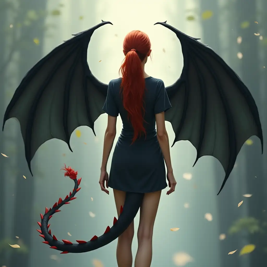 RedHaired-Woman-Flying-with-Black-Dragon-Wings-Viewed-from-Behind