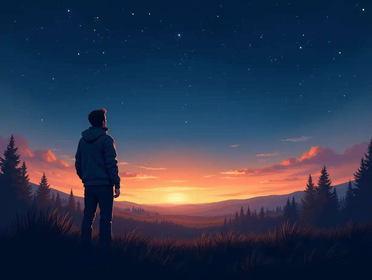 Draw an adult man standing in a field in the twilight and looking at the clear night sky full of bright stars