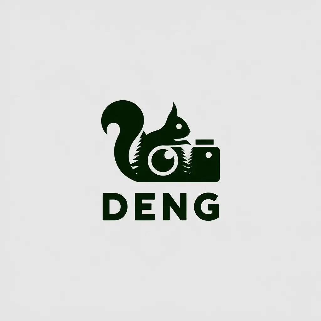 a vector logo design,with the text "Deng", main symbol:Squirrel, forest, camera,Minimalistic,be used in photography industry,clear background