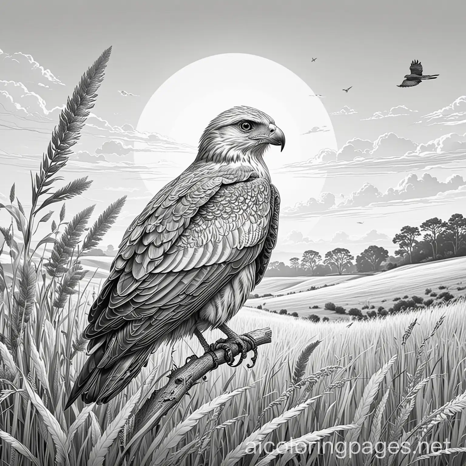 Buzzard-in-Tree-Overlooking-Tall-Grass-Fields-Coloring-Page