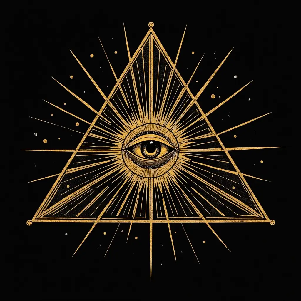 pyramid with an eye in its centre, rays emanating from the central eye reaching the internal border of the pyramid japanese kamon crest gold on black