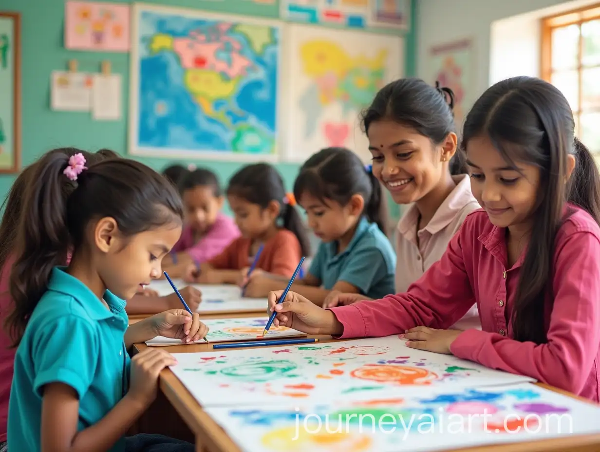 Bengali-Children-Learning-Watercolor-Painting-with-Female-Teacher-in-Classroom