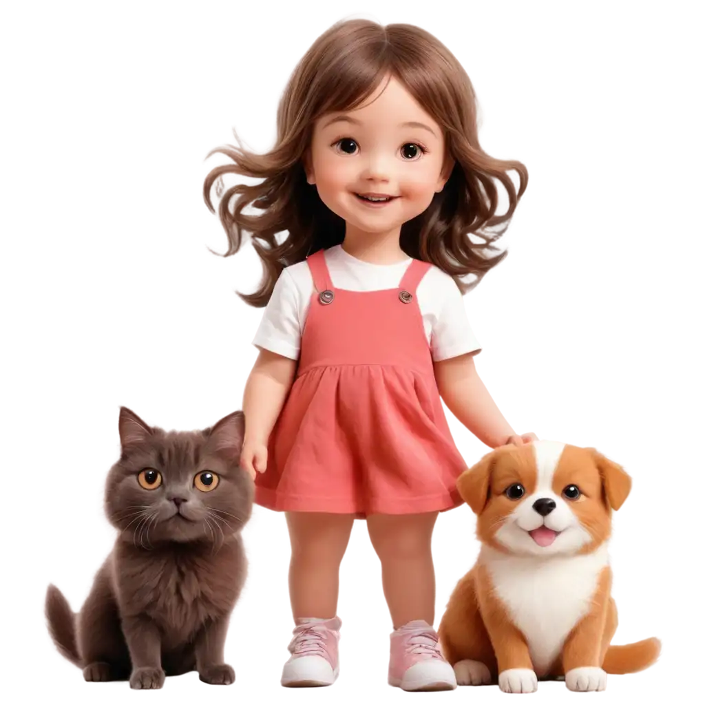 Adorable-Cartoon-Baby-Girl-with-Dogs-and-Cat-PNG-Image