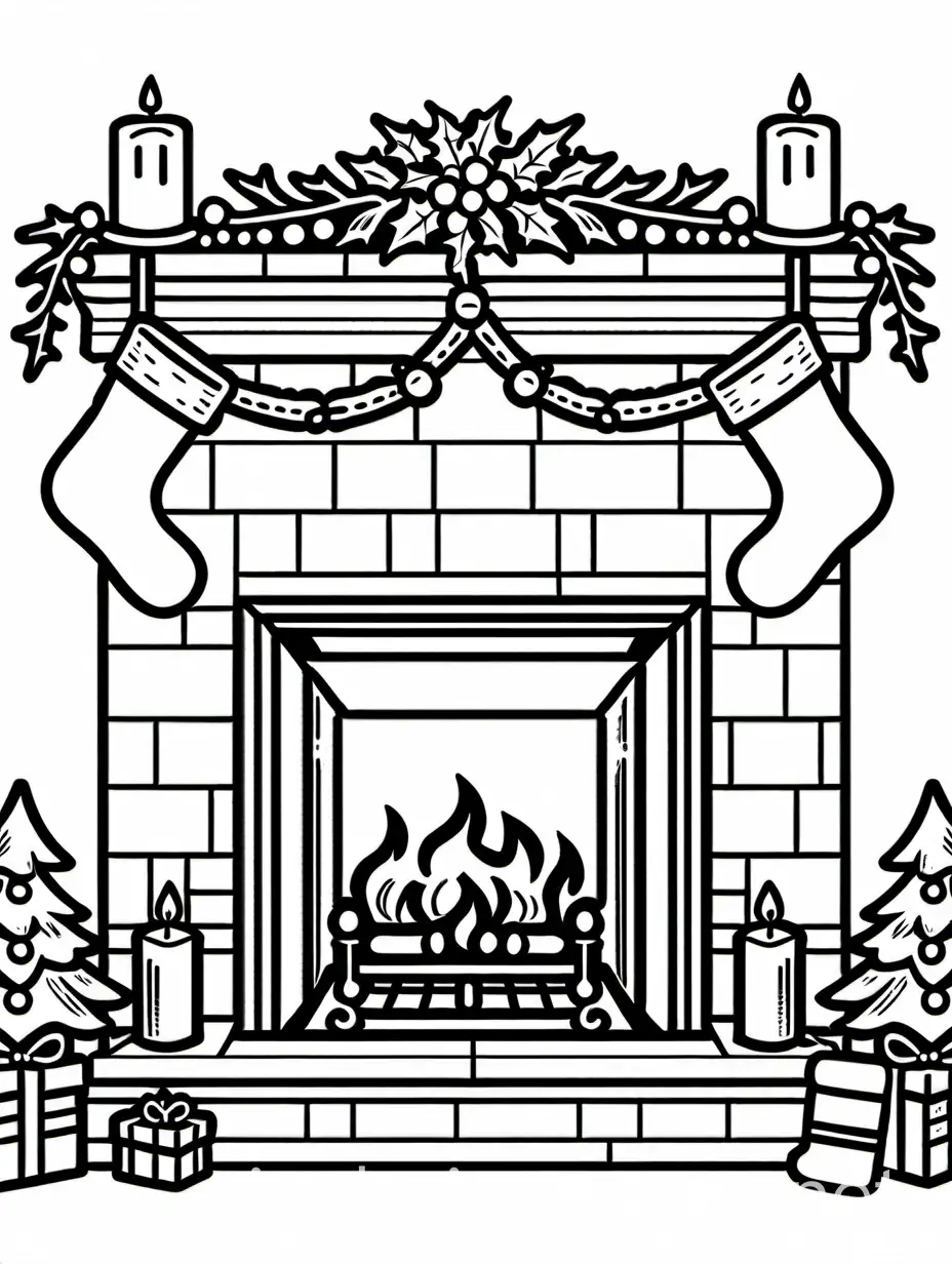 Fireplace with four Christmas stockings hanging off the mantle and holly and ivy on the mantle with candles, Coloring Page, black and white, line art, white background, Simplicity, Ample White Space. The background of the coloring page is plain white to make it easy for young children to color within the lines. The outlines of all the subjects are easy to distinguish, making it simple for kids to color without too much difficulty