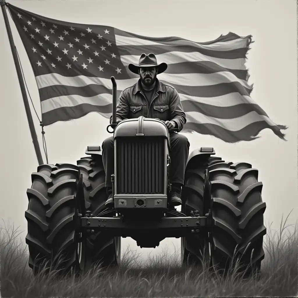 A rugged farmer sitting confidently on a large tractor, facing forward. The tractor is powerful, with oversized tires and a bold grille. Behind him, a slightly tattered yet proud American flag waves in the background. The scene has a smoky, dramatic atmosphere with a black-and-white or sepia-toned aesthetic. oil art