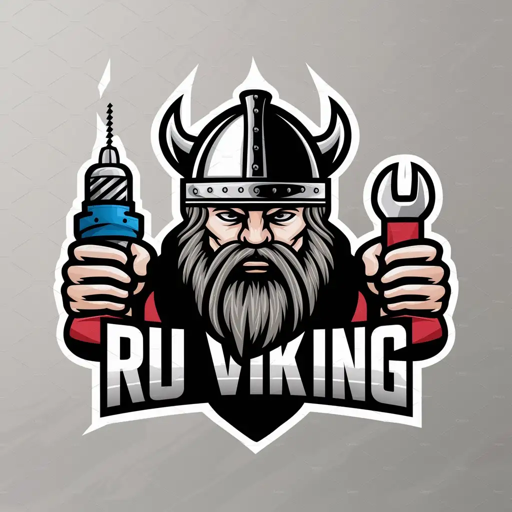 a logo design,with the text "Ru Viking", main symbol:A Viking's face with a helmet and beard. Holding a drill in the left hand, and a wrench in the right hand. The drill should be painted: white on top, blue in the middle, and red at the bottom.,Moderate,clear background