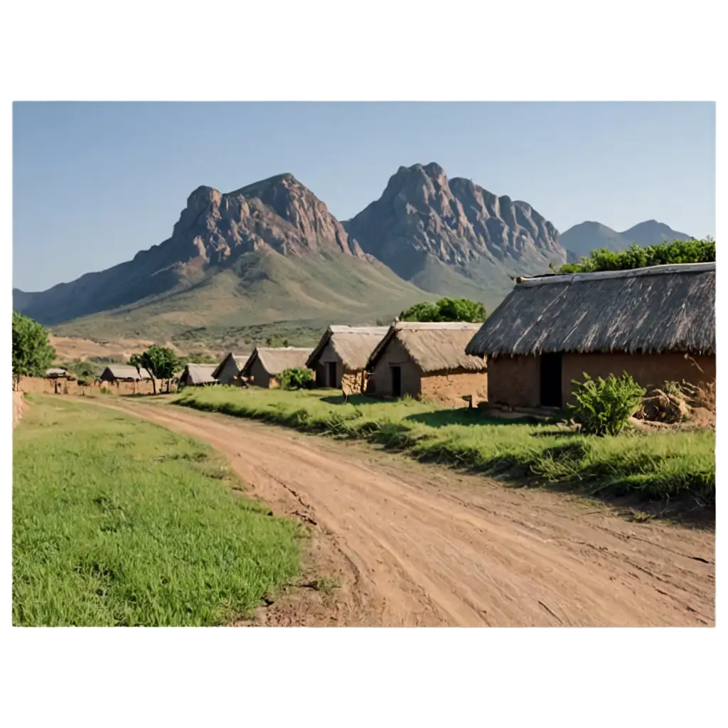 Tswana-Village-with-Mountain-Background-PNG-Image-HighQuality-Landscape-Artwork