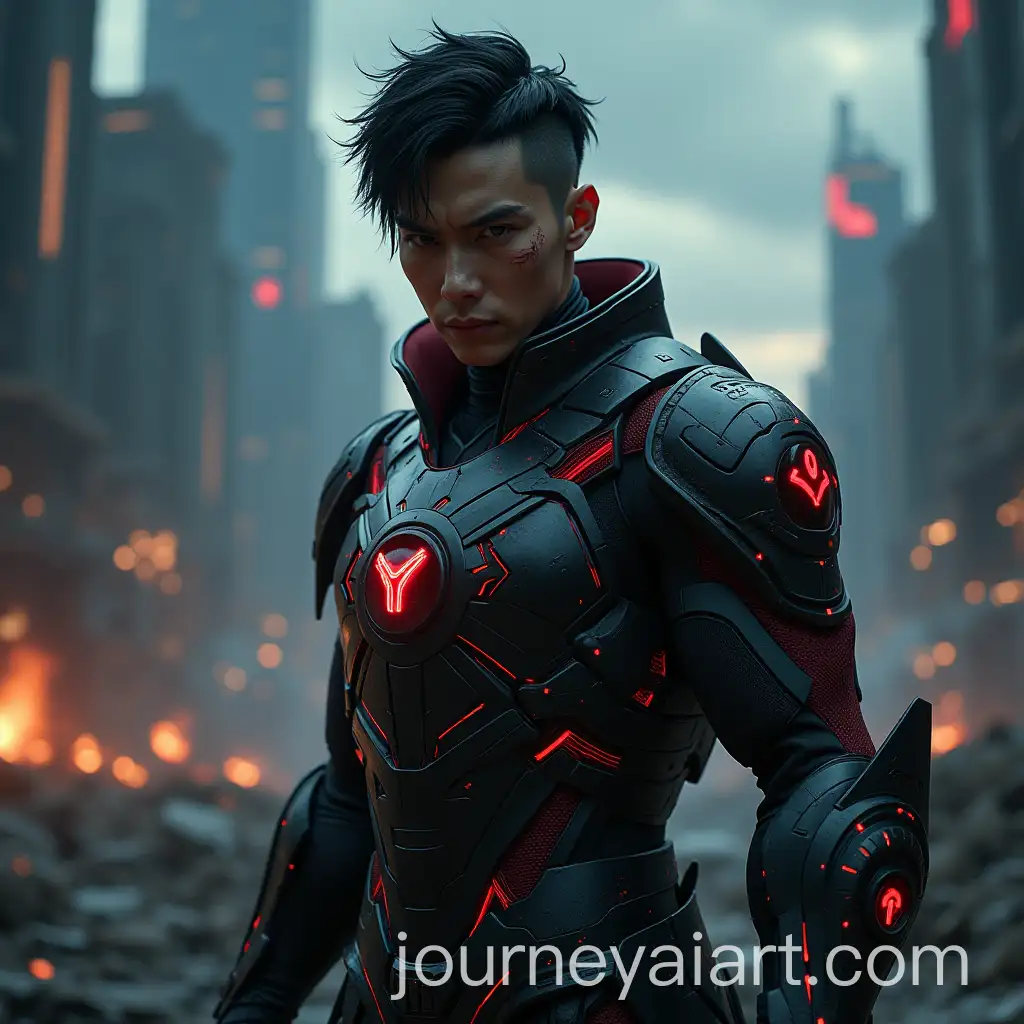 UltraRealistic-Portrait-of-Luo-Feng-in-Futuristic-Armor-Fighting-Pose-Amid-Apocalyptic-Cityscape
