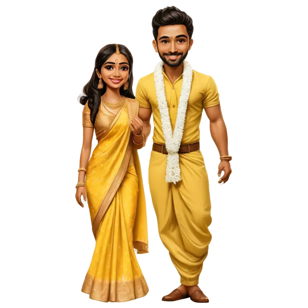 Exquisite-South-Indian-Wedding-Caricature-in-Yellow-Saree-Captivating-PNG-Image