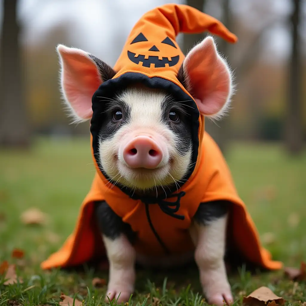 A pig in a Halloween costume in the park