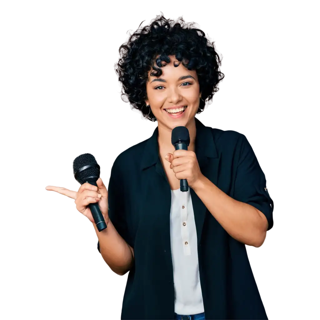 A pop singer with short curly black hair like an afro while singing and smiling with a microphone in hand