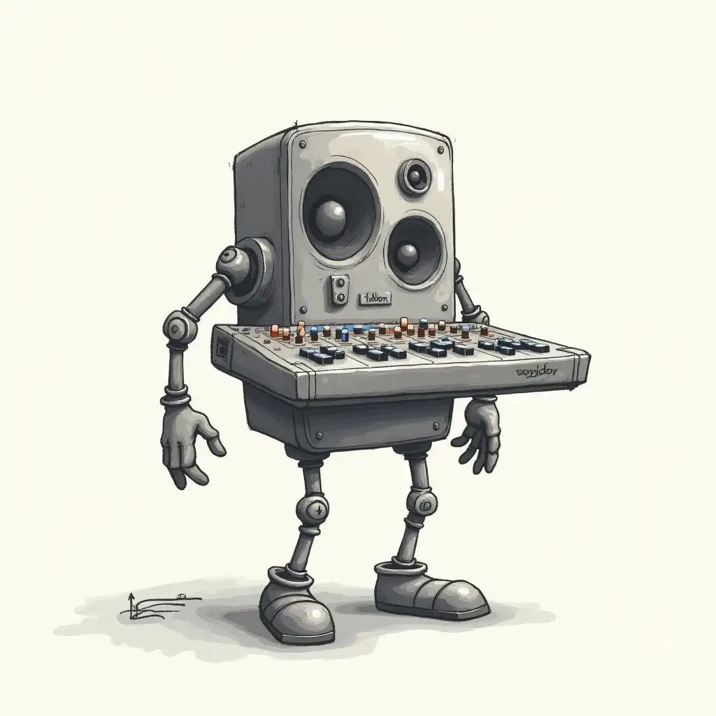 Draw a mixing console that has legs arms and a head