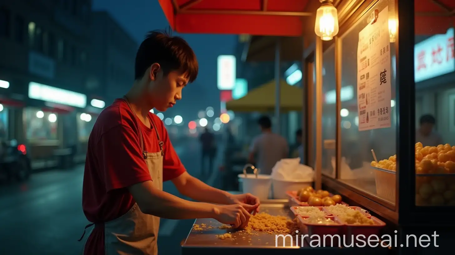 Hyper Realistic AI Image Chinese Boy Working at Chicken Corner Night Scene