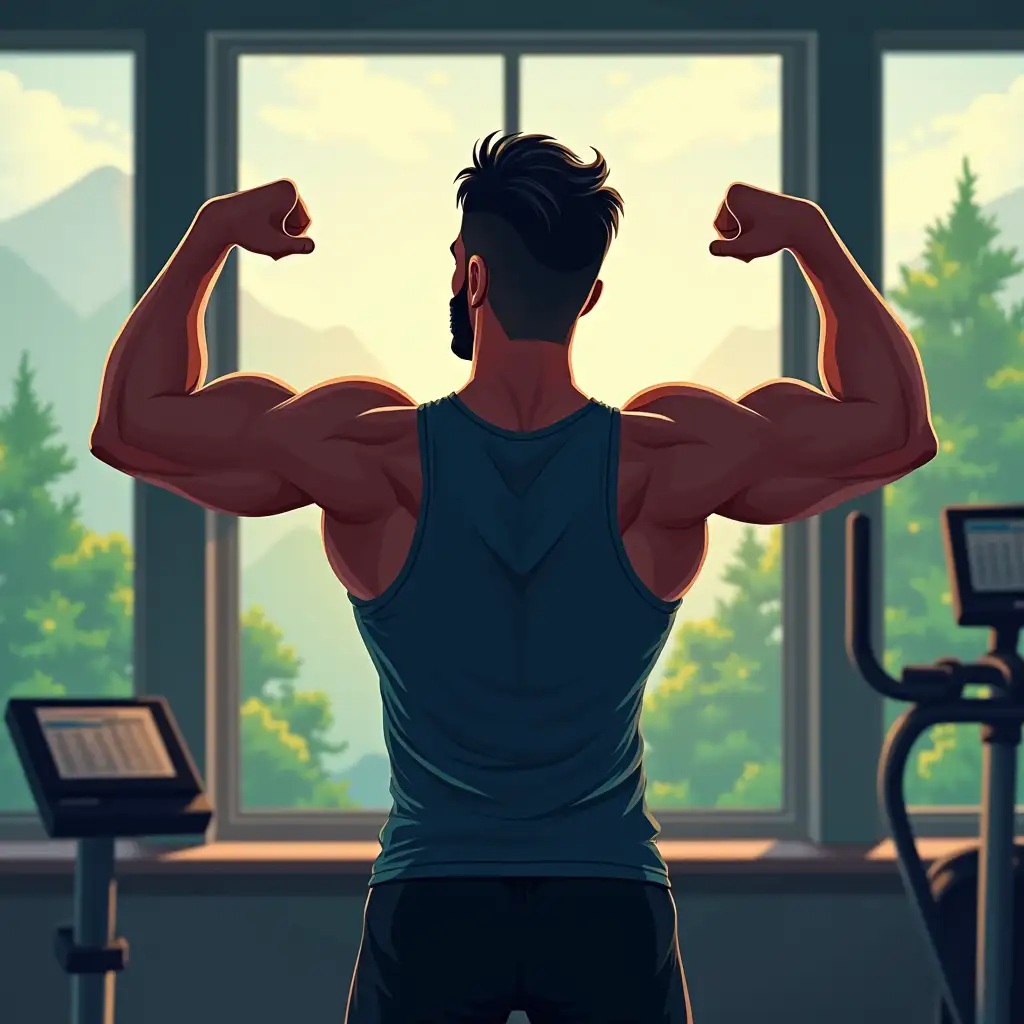 Men training biceps in the gym with big windows and vivid view with nature illustration 4k vivid