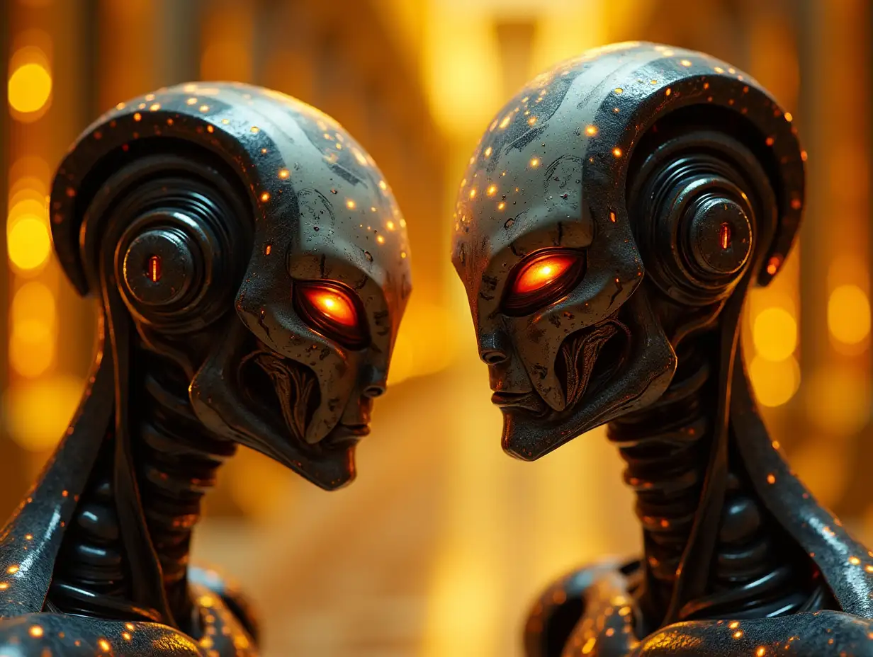 young black and white patterned robots with young black-red pattern, alien face, long neck, sharp chin, with yellow golden, expressing anger on their faces, modern, in a temple of much gold, various colorful 4k shadings