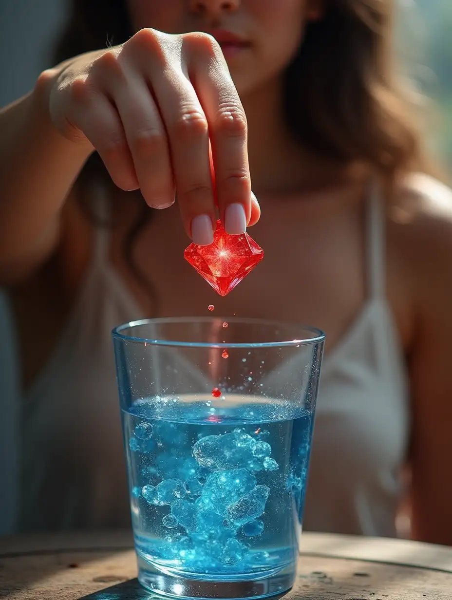 Young-Woman-Tossing-a-Shiny-Red-Diamond-into-a-Glass-Cup-of-Blue-Water