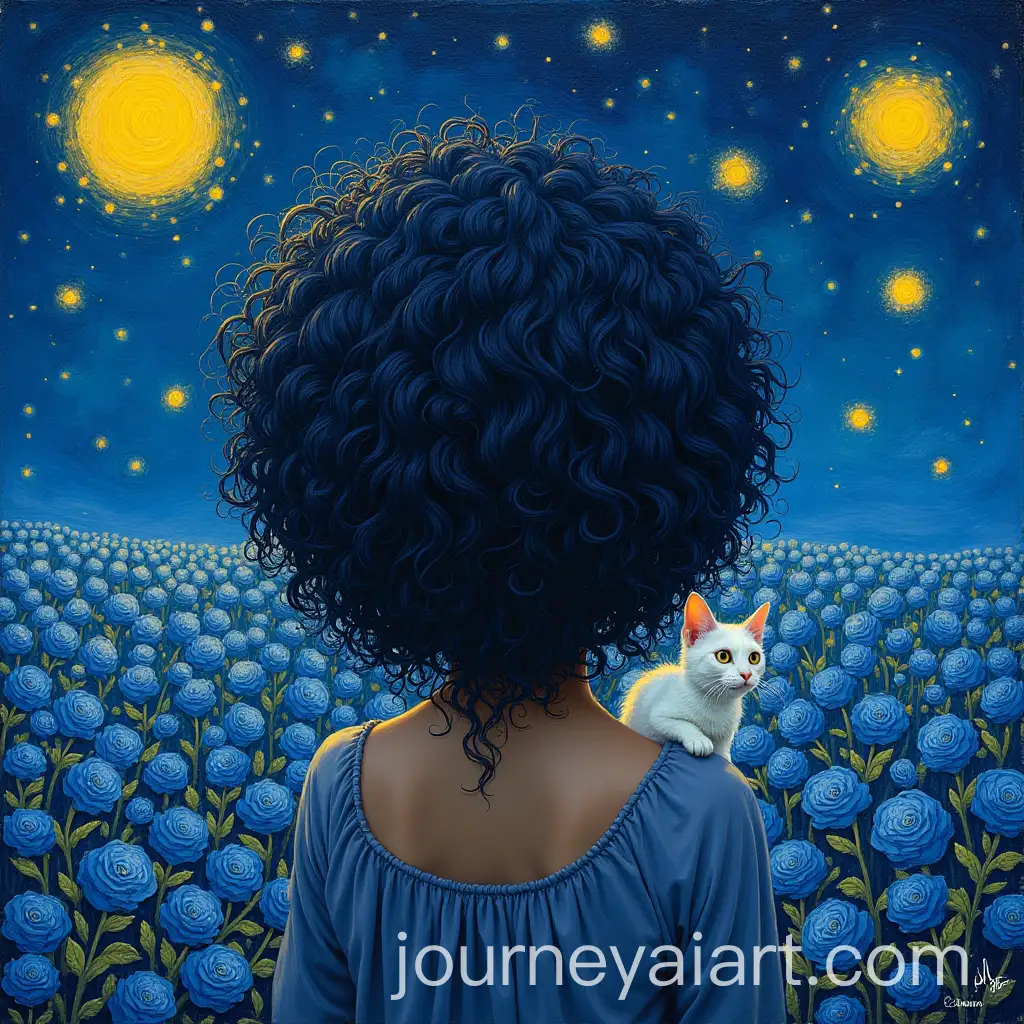 Woman-with-Curly-BlackBlue-Hair-and-White-Cat-Among-Van-Gogh-Style-Blue-Roses