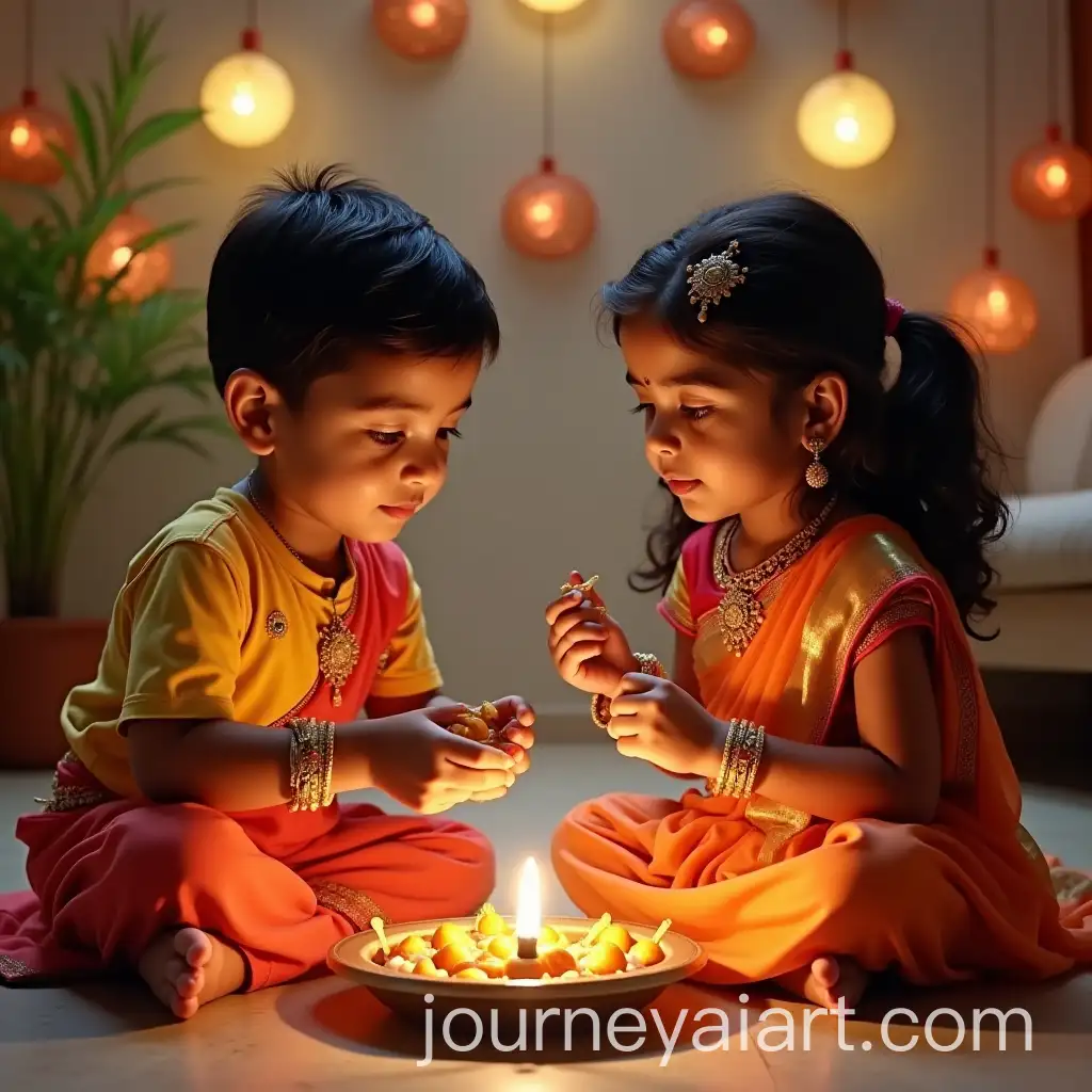 Indian-Siblings-Enjoying-Sweet-Treats-in-Traditional-Attire
