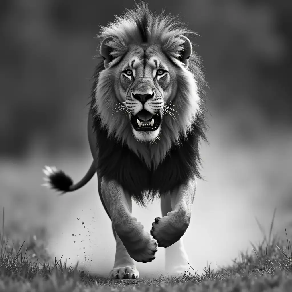 lion and black and white running