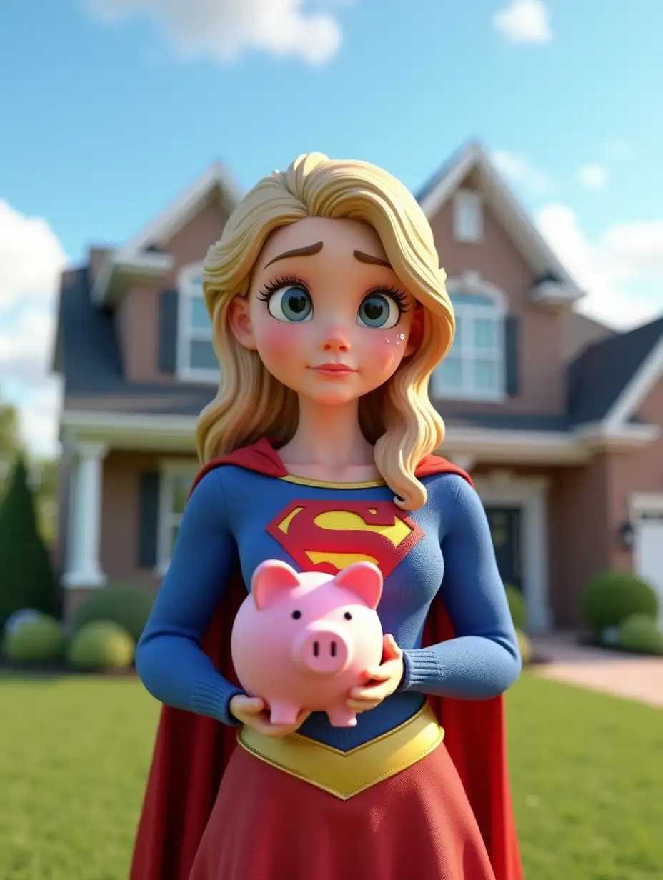 A highly detailed 3D-rendered image of a female superhero resembling Supergirl, standing in front of a beautiful suburban house with a well-maintained lawn. She wears a blue and red superhero suit with a cape and an emblem on her chest. Her expression is sorrowful, with a tear running down her cheek as she holds a pink piggy bank in one hand. The background features a bright blue sky with scattered clouds. The scene has realistic lighting, soft shadows, and ultra-detailed textures. Rendered in 4K resolution, hyper-realistic, cinematic quality