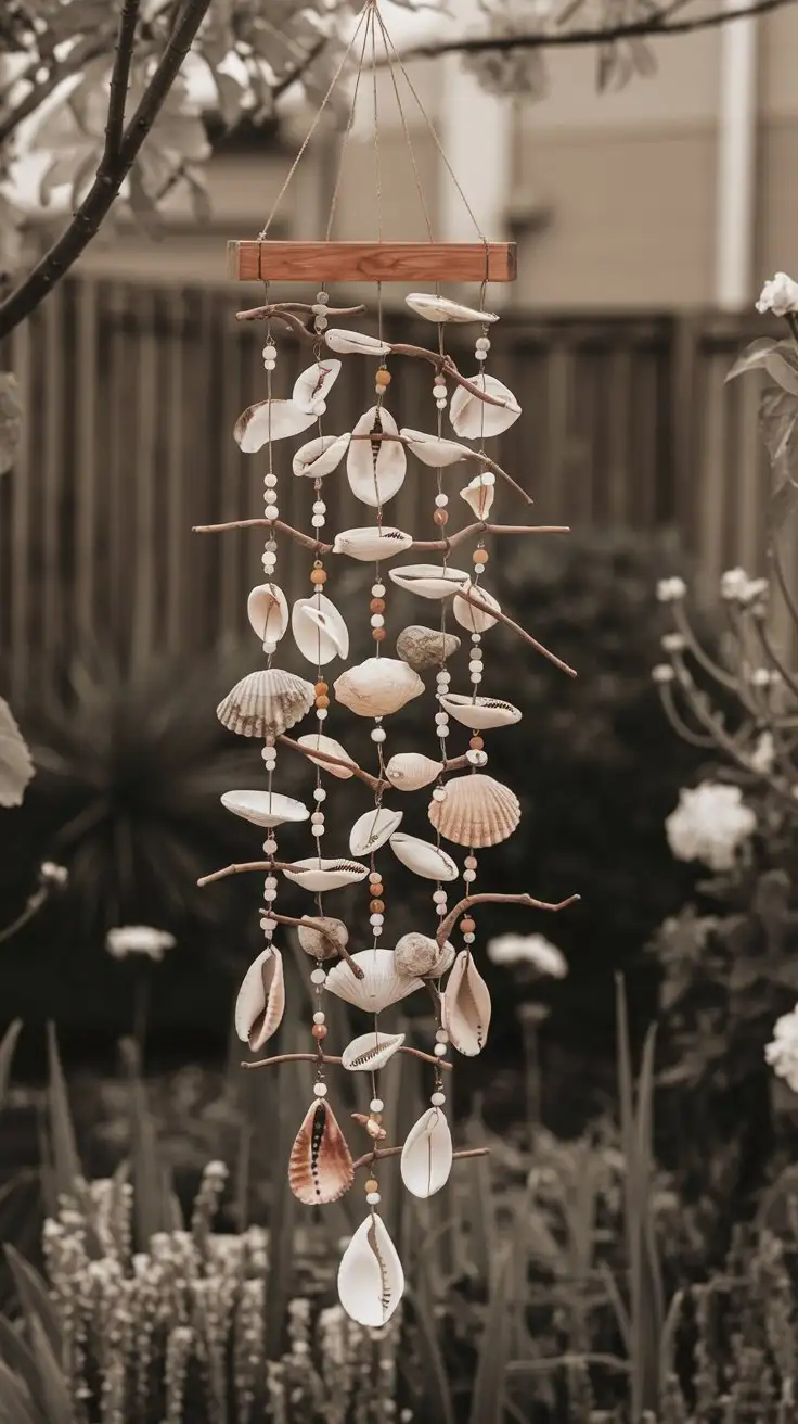 Hanging-Seashell-Wind-Chime-with-Twigs-and-Beads-Swaying-in-the-Breeze