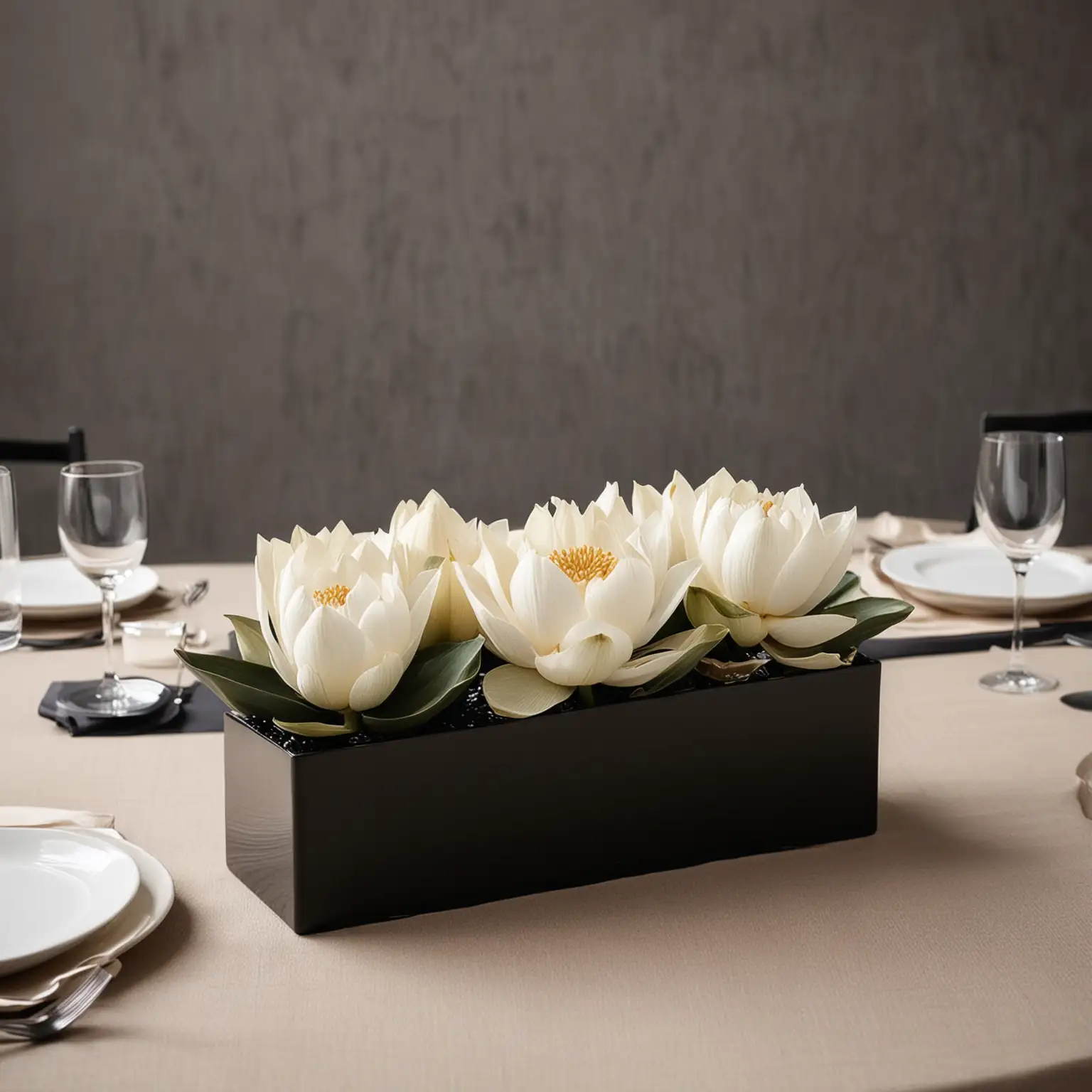 modern wedding centerpiece with lotus flowers and a sleek black rectangle vase; keep background neutral;