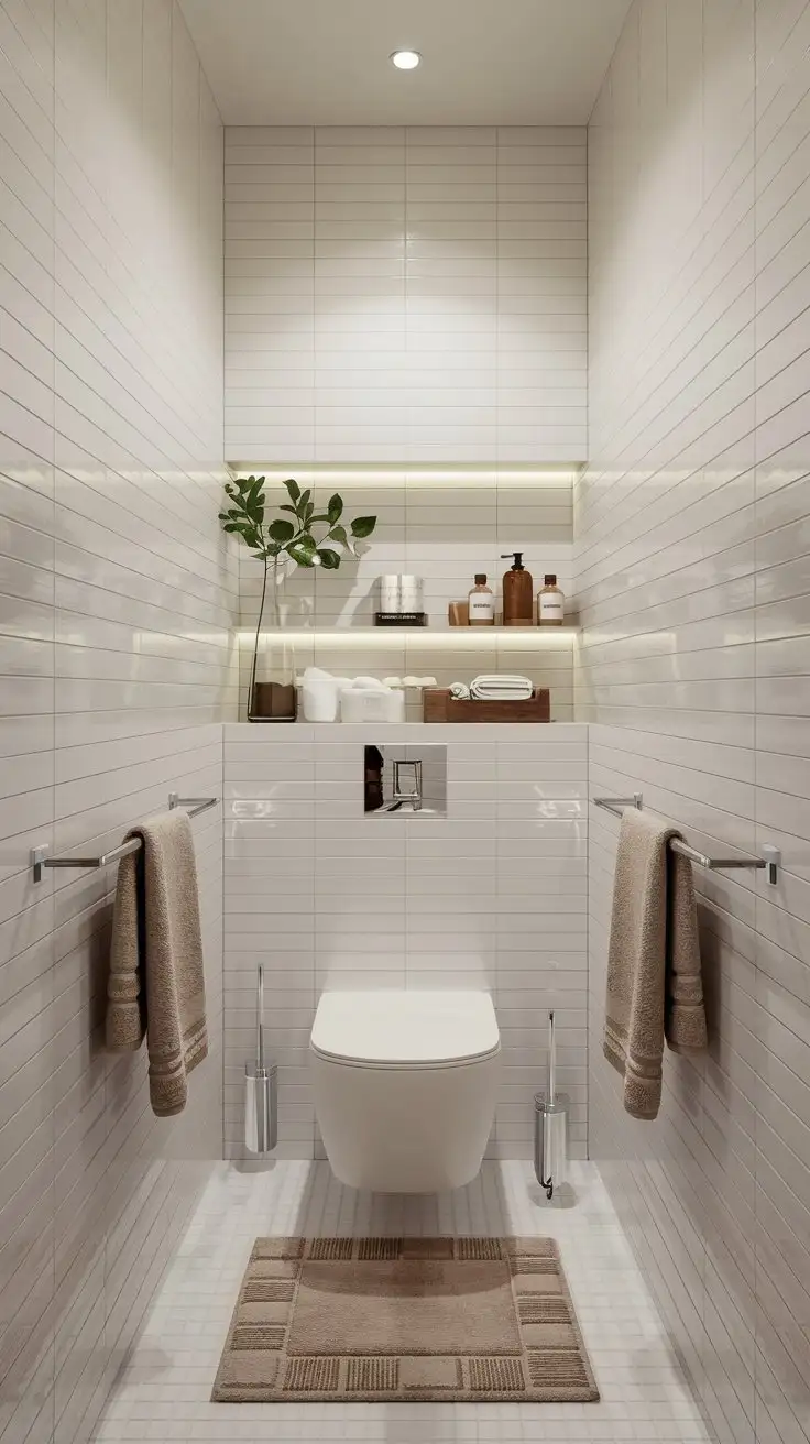 Wide shot of a real stunning small modern bathroom showcasing finishing touches with stylish hardware, chic soap dispenser, organized toiletries on a tray, and fresh greenery.  Coordinating bath mat and towels.  Minimalist fixtures, natural elements. Spa-like atmosphere, clean lines, modern style, attention to detail.