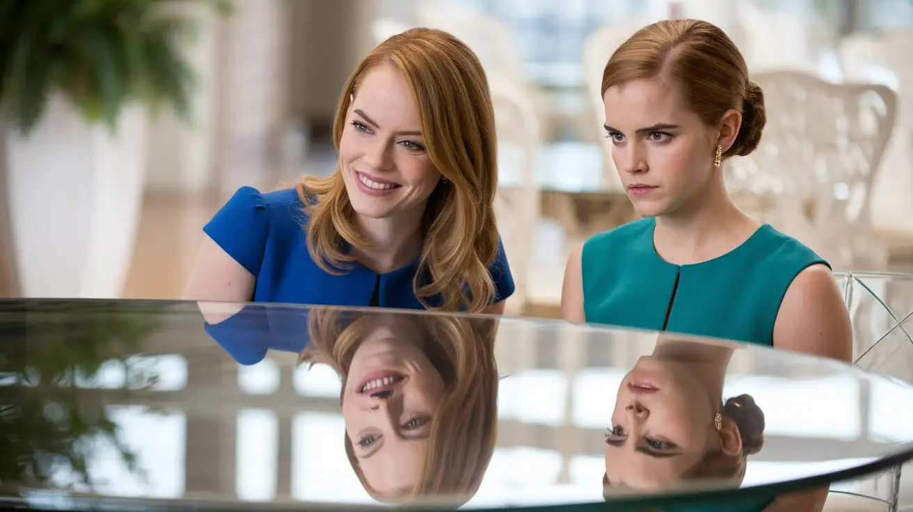 Movie scene focused on the reflection of a happy emma stone and emma waston on the glassy table，shot on ARRI Alexa 35，by Robert Richardson