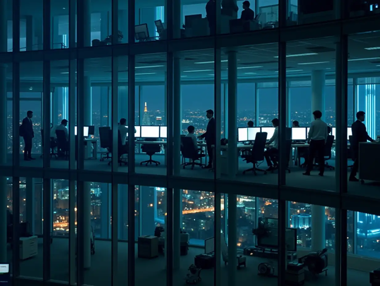 Corporate office at night: Inside a tall glass building, workstations with monitors and employees in business suits are visible. In the background, city lights can be seen.