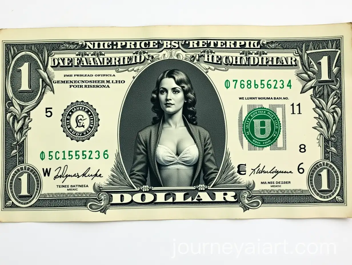 Graceful-Woman-Statue-on-Dollar-Bill-Design-with-Text-and-Decorative-Patterns