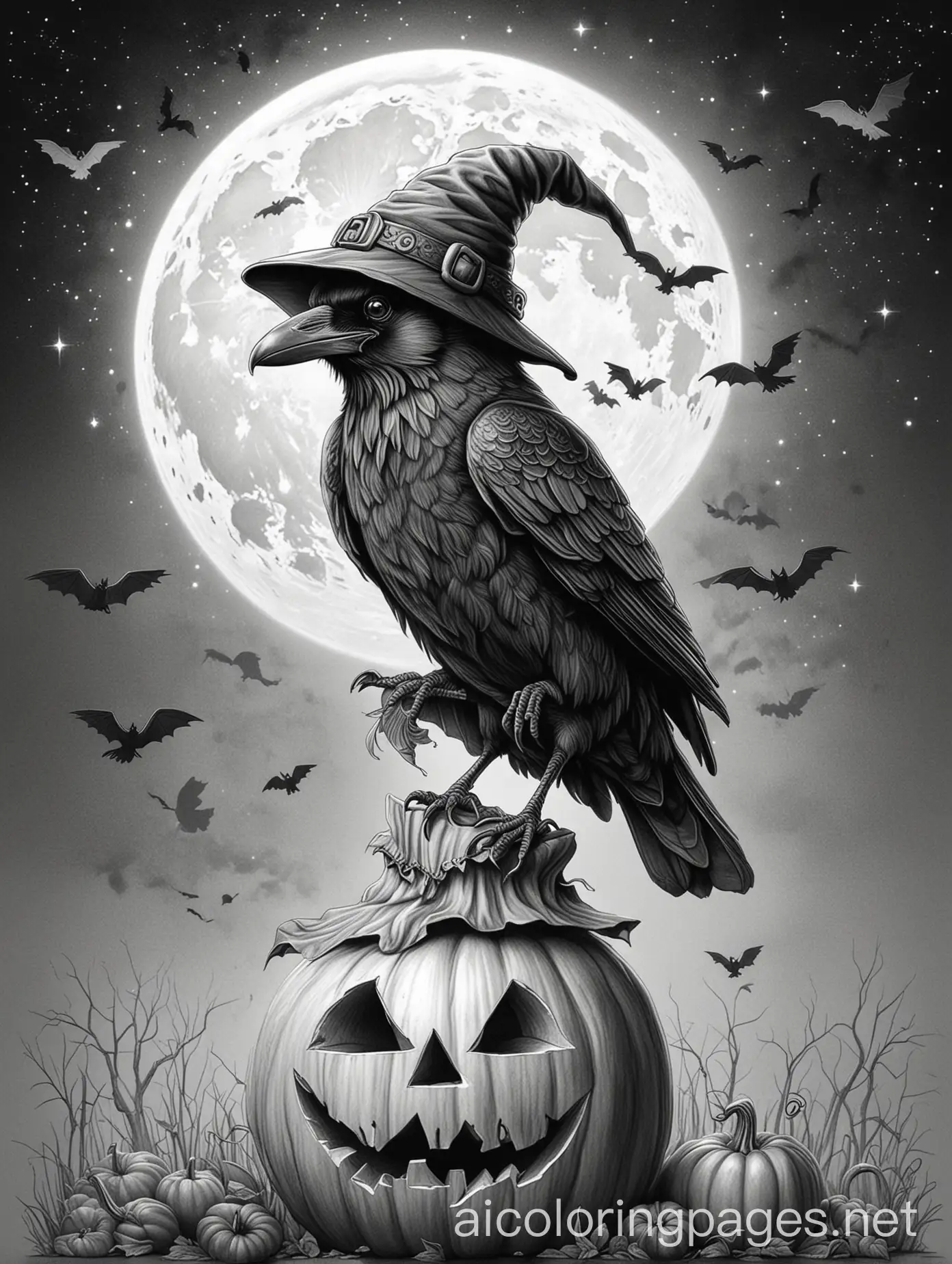 Raven-in-a-Witch-Hat-Perched-on-a-JackoLantern-Under-the-Full-Moon