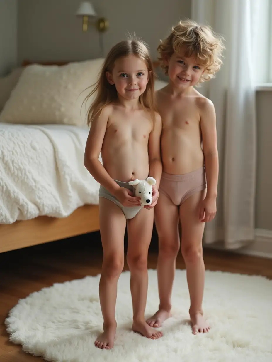 Little-Girl-and-Boy-in-Playroom-with-Stuffed-Animal-and-Fluffy-Bed-Pillows