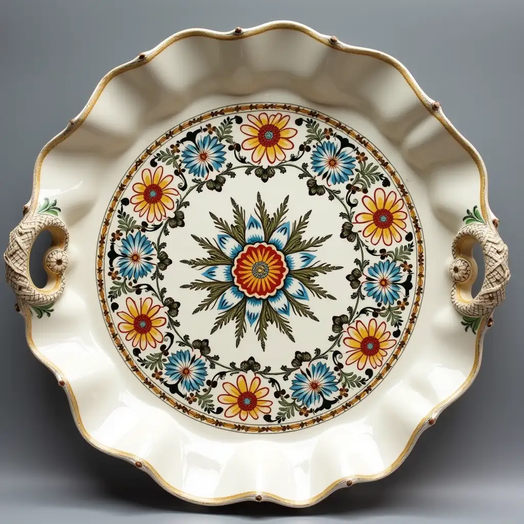 Ruffled edge circle ceramic tray plate with embossed beautiful ceramic handle, Underglaze painting on white body, Fine art, Hyper detailed, Antique and old, Qajar art, Iranian Tabriz carpet design