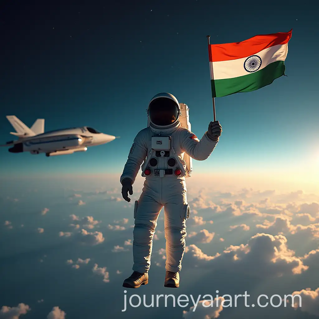 Indian-Astronaut-Holding-Flag-in-Space-with-Spaceship