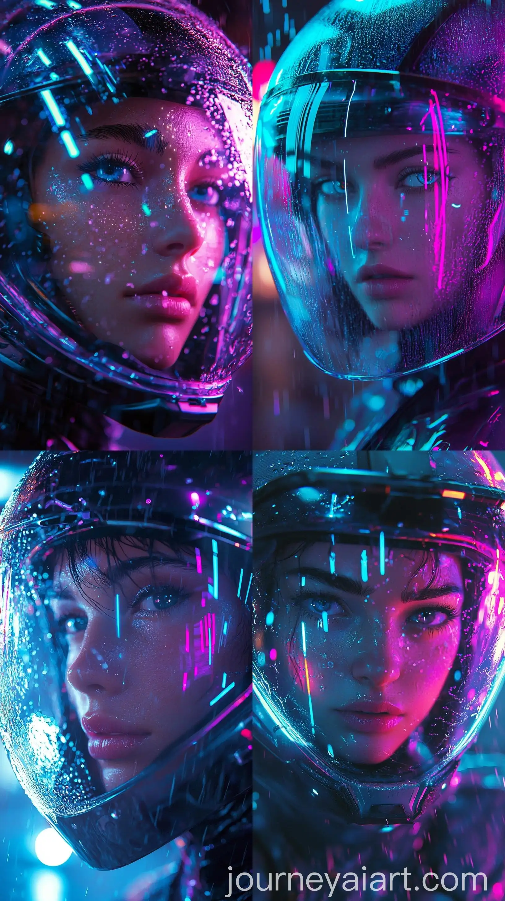 Intense-Cyberpunk-Woman-with-Glowing-Helmet-in-Neonlit-Rain