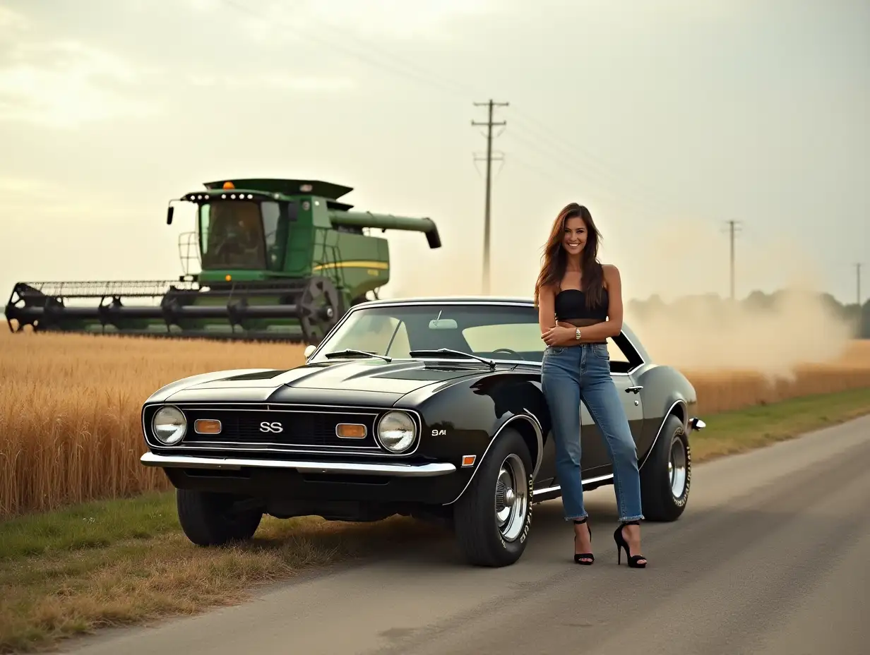 1967-Camaro-RS-on-a-Country-Road-with-a-Wheat-Field-and-John-Deere-Combine