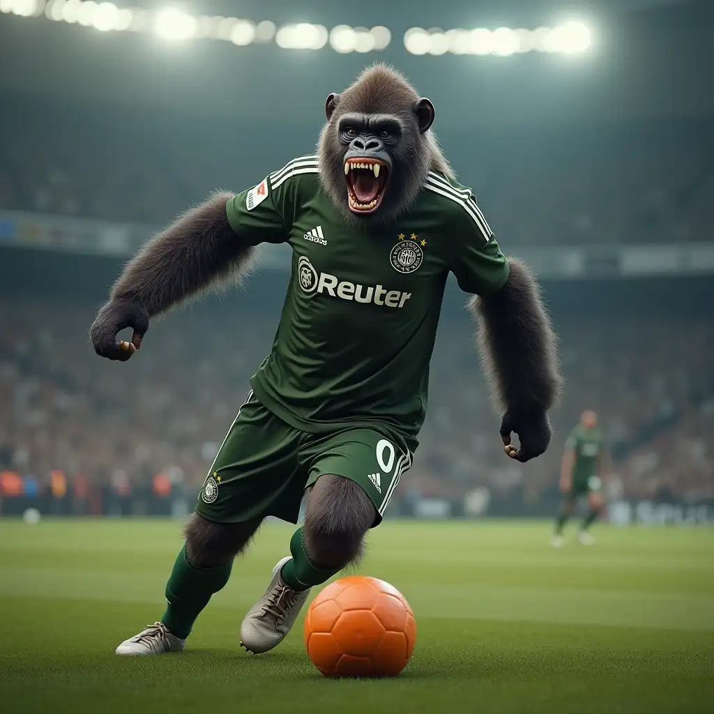 Aggressive-Soccer-Player-with-Gorilla-Head-and-Pumpkin-Soccer-Ball-in-Stadium