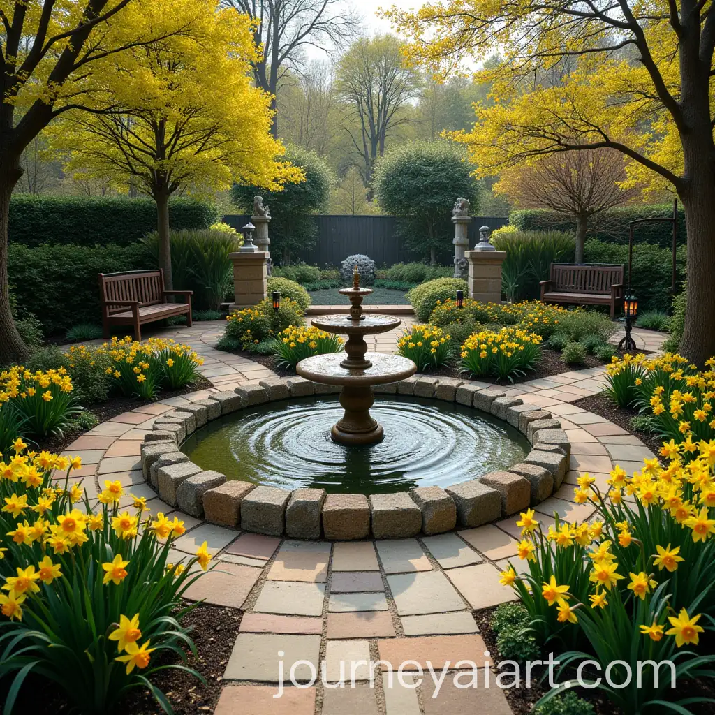 Enchanting-Garden-with-Fountain-and-Blooming-Daffodils