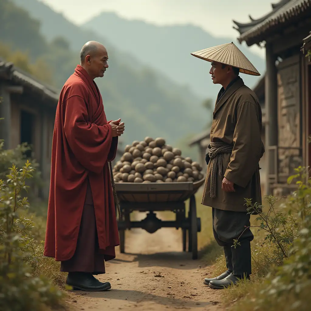 Create an image of a chinese monk in conversation with a farmer with a broken cart at the back in a village setup. Hyper realistic image