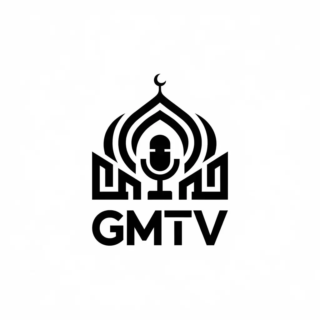 a vector logo design,with the text "GMTV", main symbol:Mosque and mic podcast,complex,be used in Religious industry,clear background