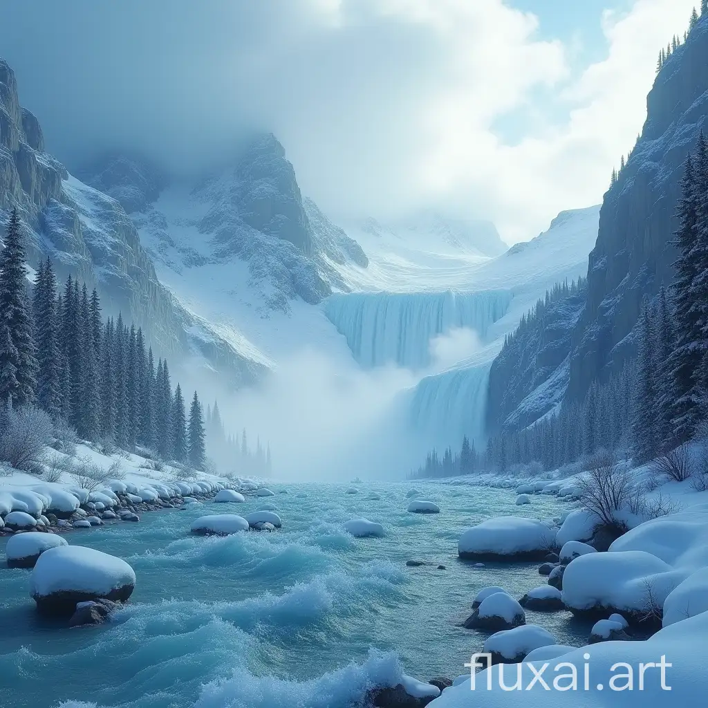 Epic scene of majestic winter mountains on the verge of being engulfed by a massive flood