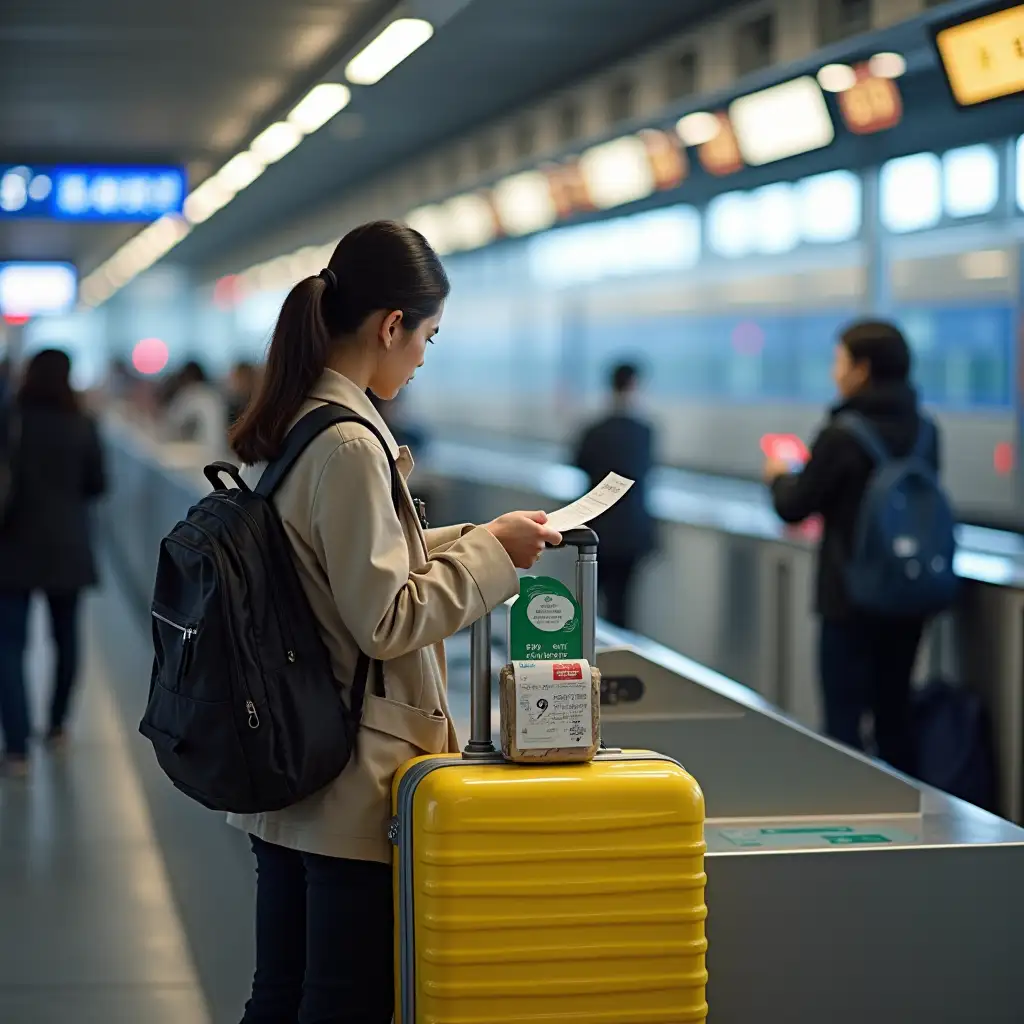 Chinese Woman Checking Tickets with Yellow Luggage