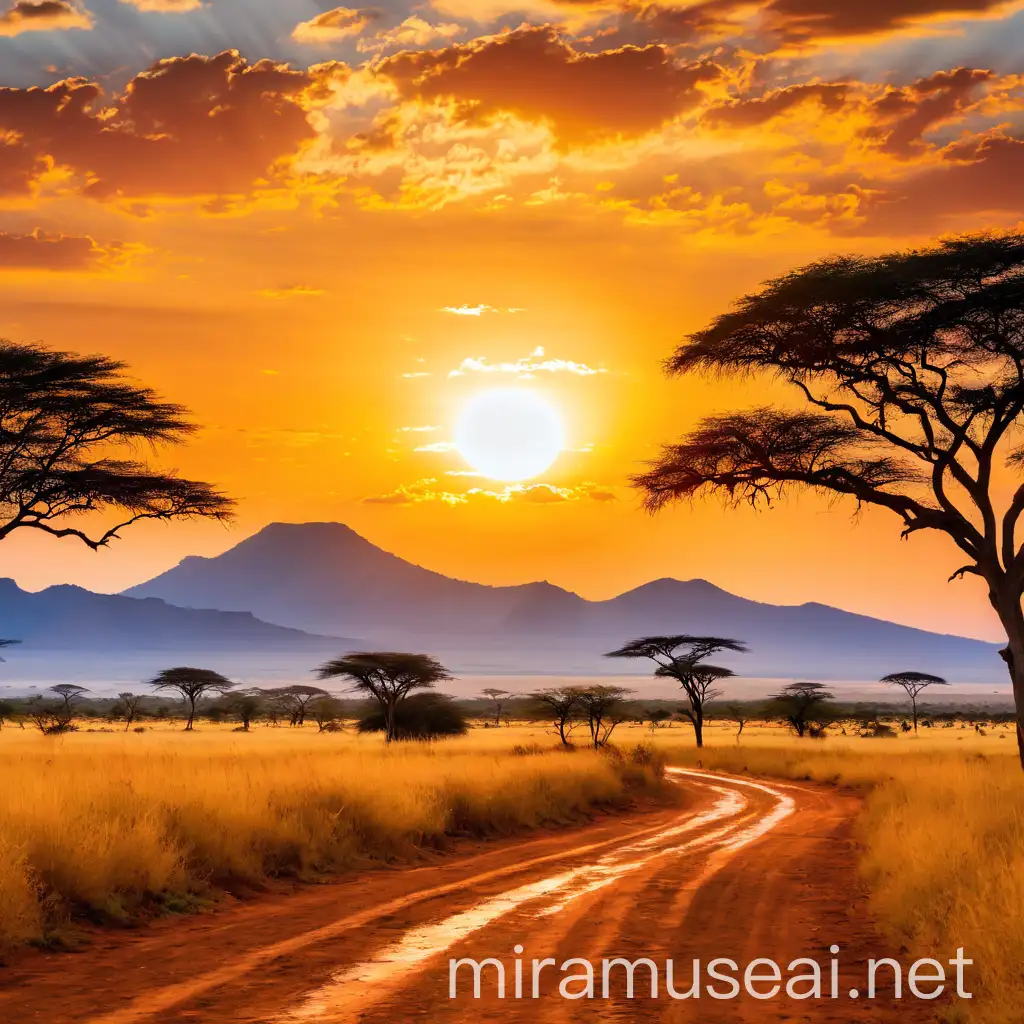 Majestic African Savannah Sunset Landscape with Acacia Trees and Mountains