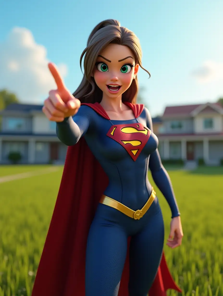 A stunning and highly detailed 3D-rendered image of a powerful female superhero resembling Supergirl, standing in a lush green suburban field with modern houses in the background. She wears a sleek, form-fitting blue suit with a bold red and yellow emblem on her chest, a flowing red cape, and a golden belt. Her long brown hair is tied back, and she has a fierce, determined expression with piercing green eyes, furrowed brows, and an open mouth as if shouting. She is pointing directly at the viewer with confidence and authority, her other hand resting on her hip. The background features a bright blue sky with soft sunlight casting realistic shadows, enhancing the depth and ultra-realistic textures of her costume, skin, and surroundings. Rendered in 4K ultra-high definition with cinematic lighting, HDR effects, and extreme realism, making the scene appear lifelike and immersive.