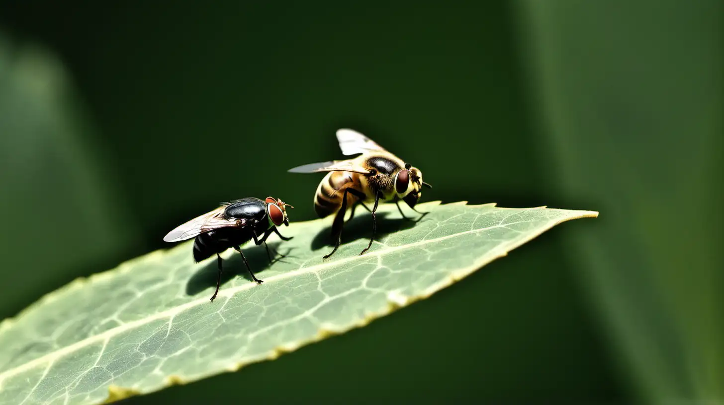 Meeting of a Fly and a Bee on a Leaf Edge