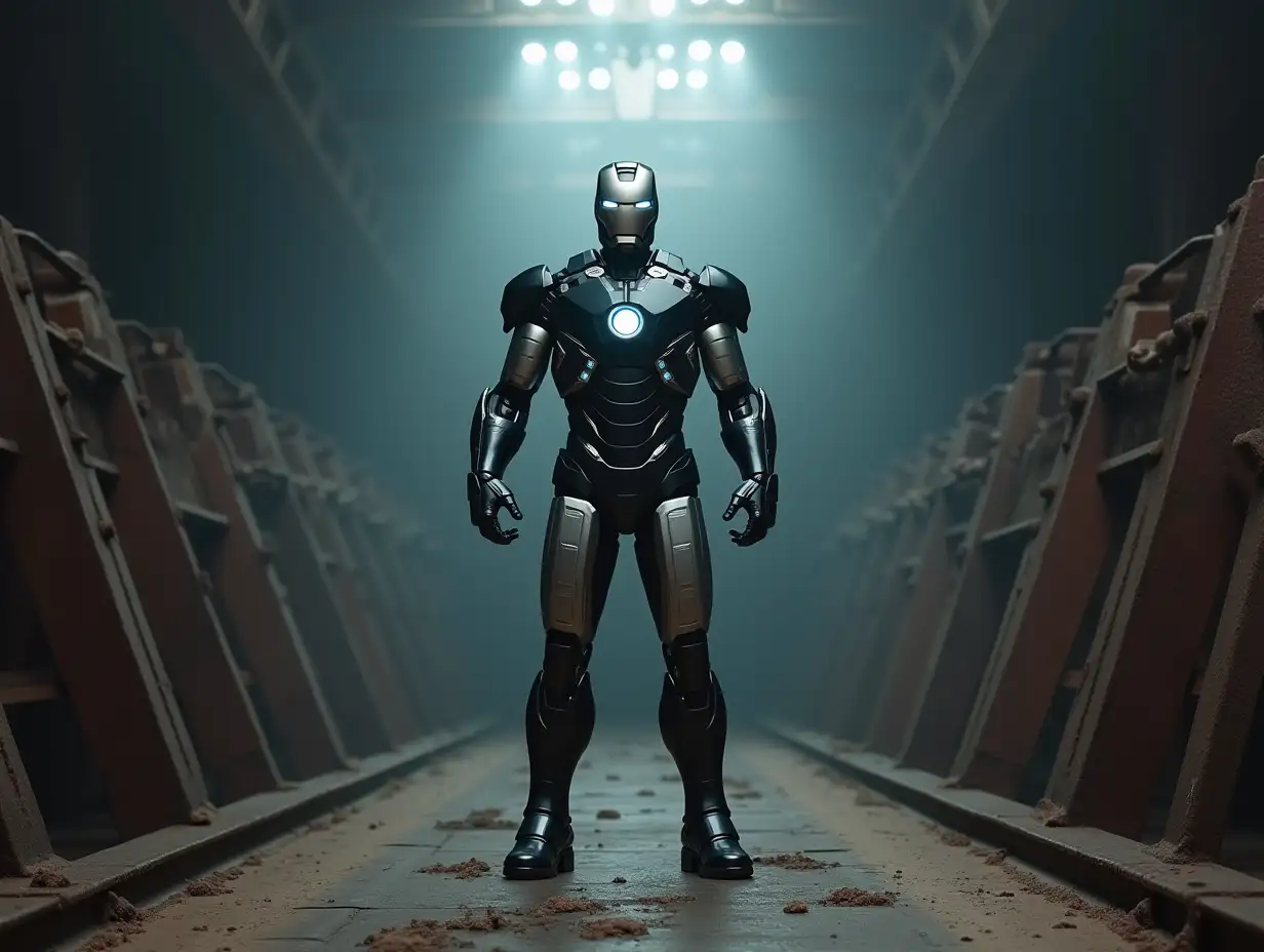 IronMan in schwarz porträtin 8k resolution in a very bright room and he is standing on the ground of rusty metal piles with spotlights shining on him