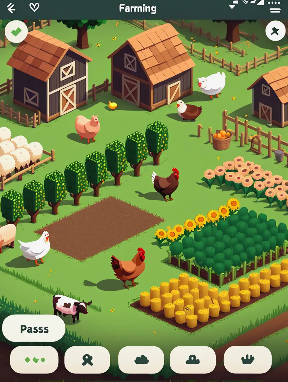 A screenshot of a mobile click game of farming. It must pass a peaceful sensation of a place you want to be to relax and take a deep breath of fresh air. Show the animal management screen of the app, but with few elements, remember that the phone screen is small. Make it cute, pixel art, relaxing.