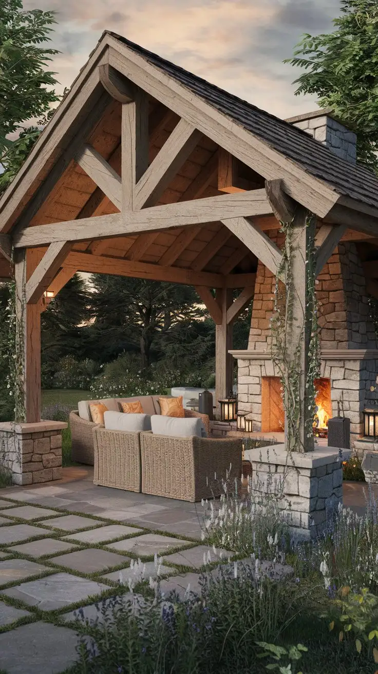 A cozy and inviting Rustic Charm Pavilion in a backyard garden. The pavilion is built from rough-hewn timber and natural stone, featuring a pitched roof with exposed beams and a stone fireplace at one end. Comfortable wicker furniture with warm cushions is arranged around the fireplace. The surrounding landscape includes wildflowers, climbing vines on the pavilion posts, and a flagstone patio. Warm, inviting light from the fireplace and lanterns creates a cozy and welcoming atmosphere. Photorealistic, rustic design, architectural photography